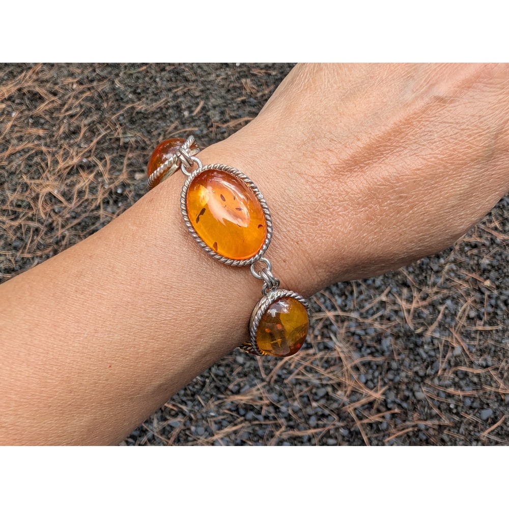 Vintage Butterscotch‎ Honey Amber Bracelet Silver Statement Jewelry sz 7.75 ***
